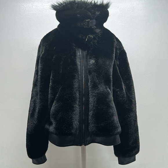 Blanknyc Black Noise Faux Fur Bomber Jacket Furry Moto Coat Vegan Size Large - Picture 4 of 11